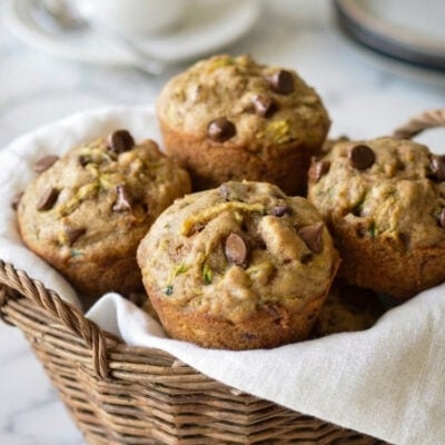 Basket filled with zucchini muffins.