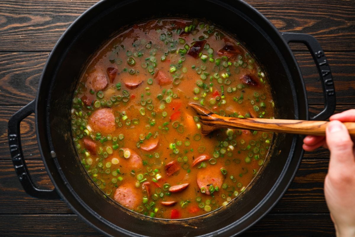 scallions added to dutch oven