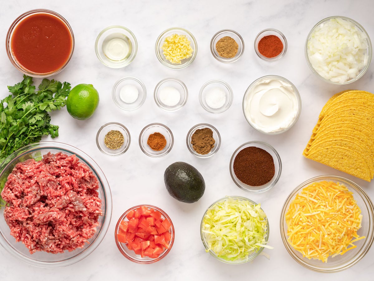 ingredients for beef taco recipe with toppings
