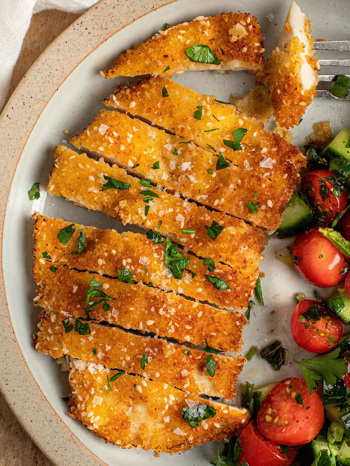 cooked and sliced chicken schnitzel