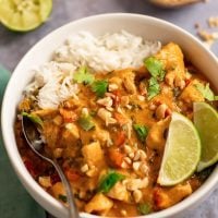 panang curry over rice in bowl