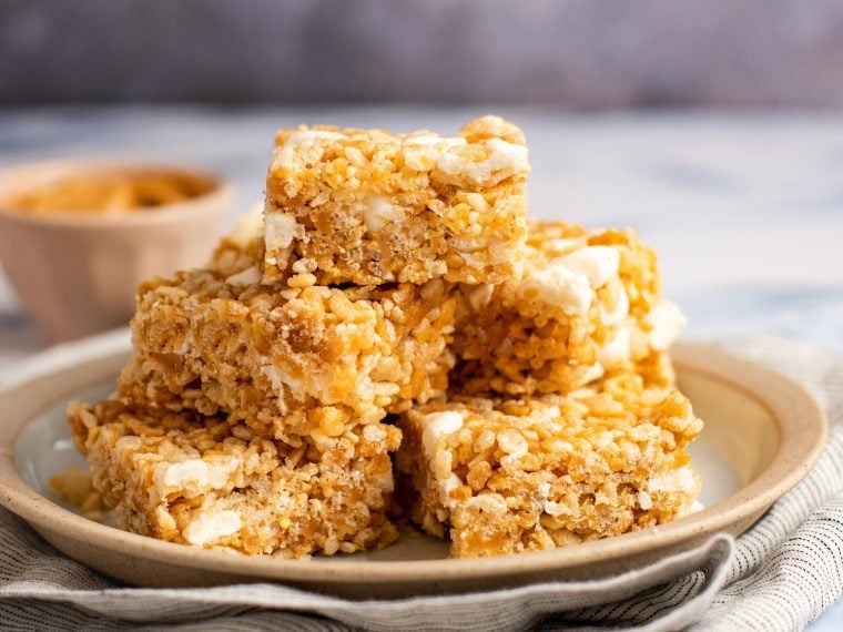 peanut butter rice krispies treats on plate