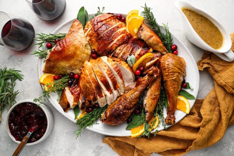 Carved Thanksgiving turkey on platter