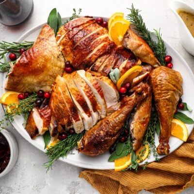 Carved Thanksgiving turkey on platter