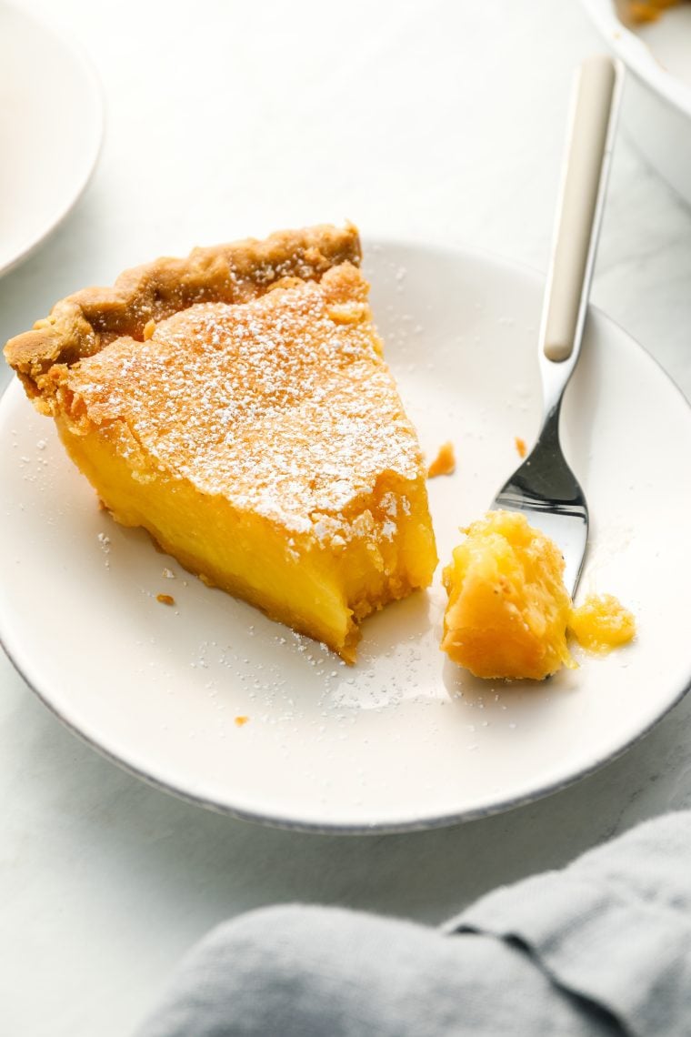 slice of chess pie on plate with fork
