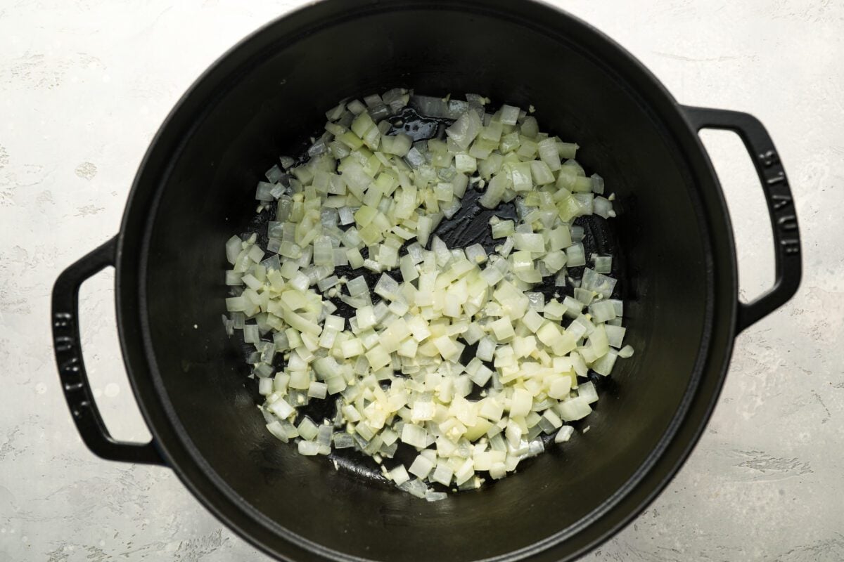 sautéed onions and garlic in Dutch oven.