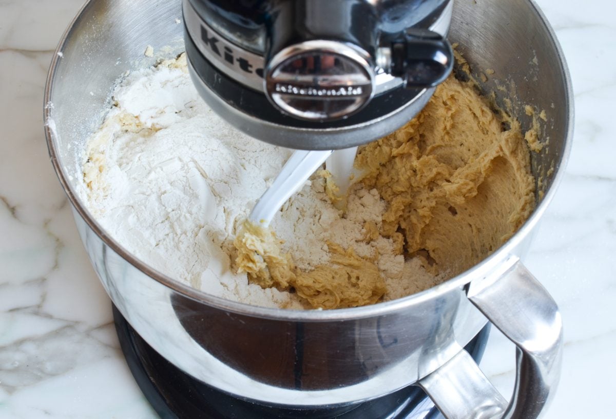 adding dry ingredients and water