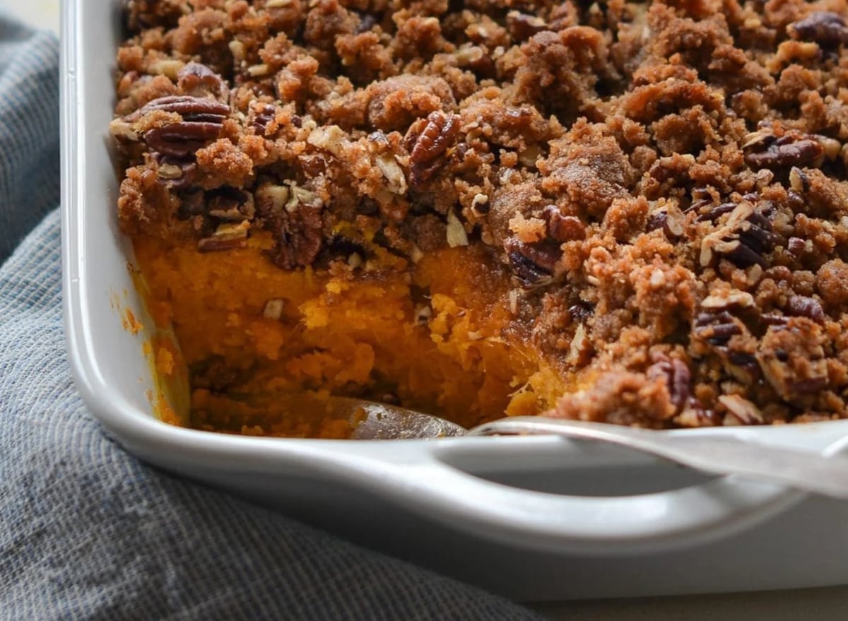 sweet potato casserole with spoon