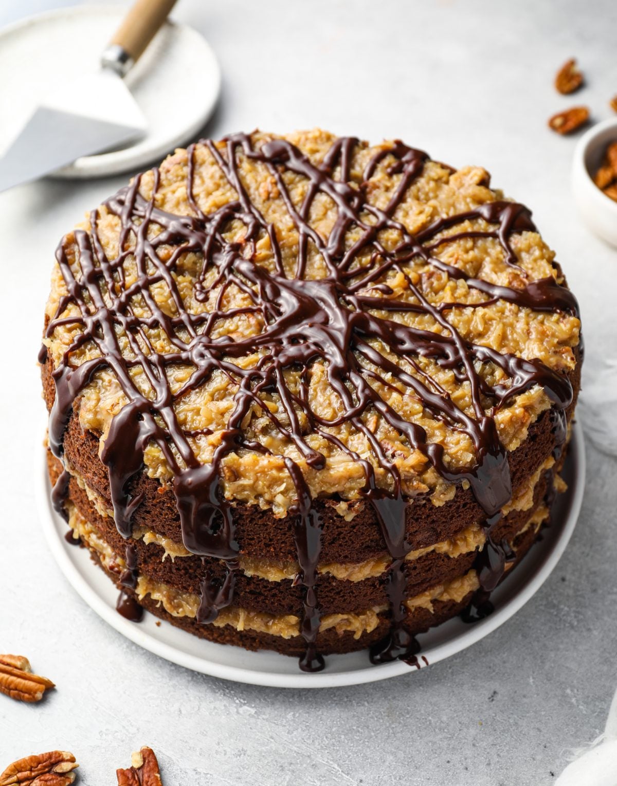 German chocolate cake on cake platter.