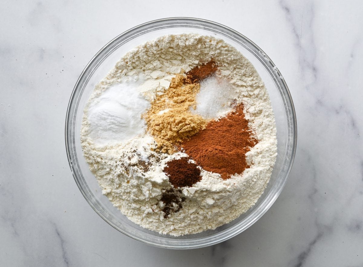 Dry cookie ingredients in a mixing bowl.