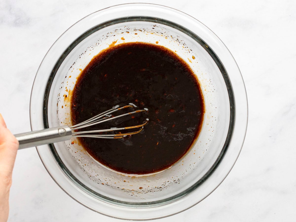 hoisin beef bowls sauce whisked in bowl