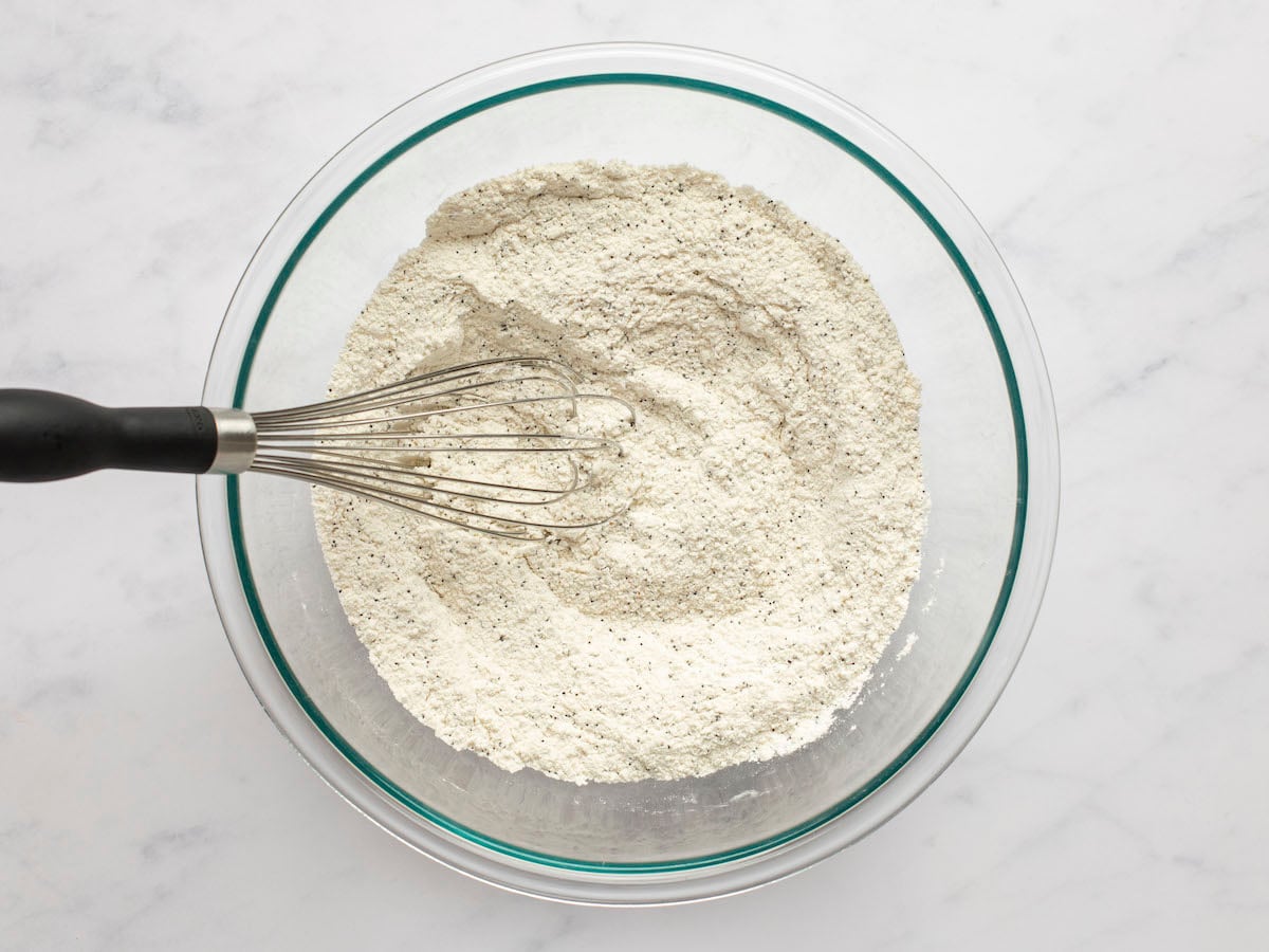flour, granulated sugar, poppy seeds, baking powder, baking soda, and salt in a large bowl whisked together