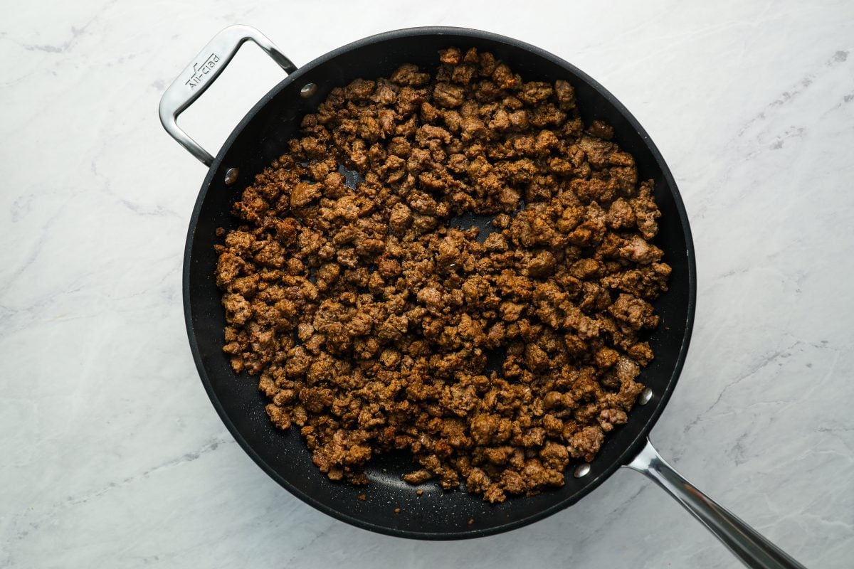 browned ground beef in skillet.