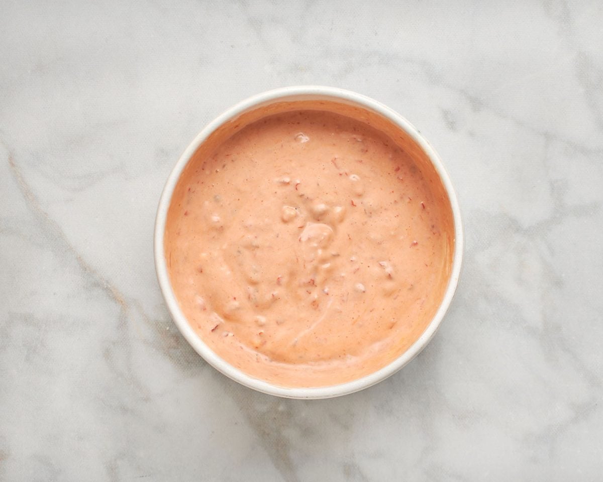chili mayo sauce in white bowl