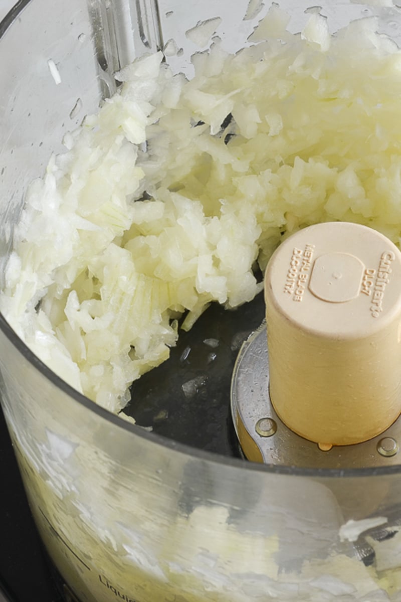 chopped onions in food processor.