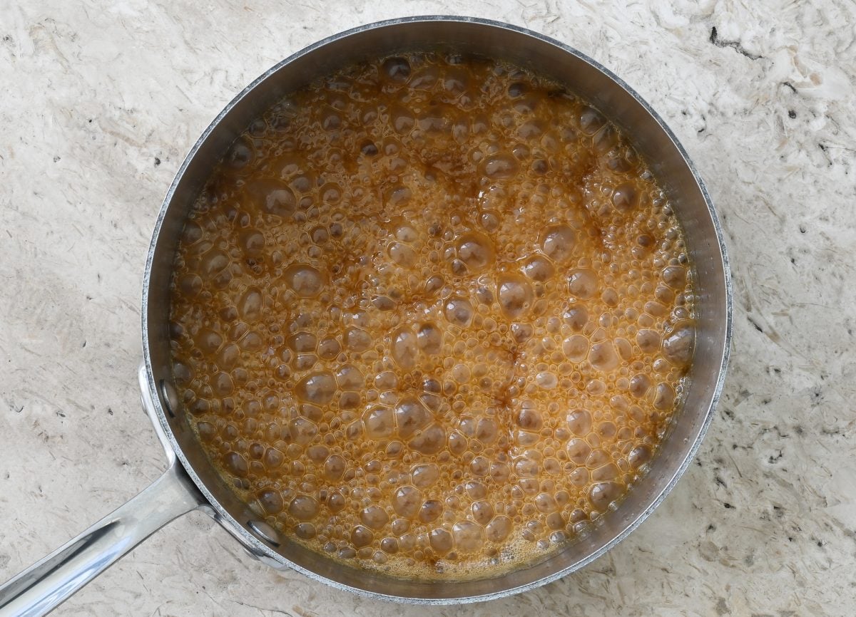 bubbling caramel in pot