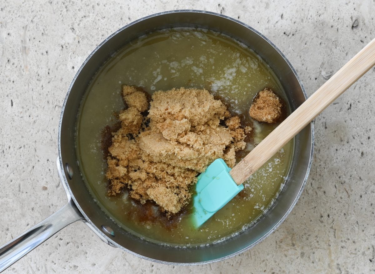 melted butter with corn syrup, maple syrup, salt, and brown sugar