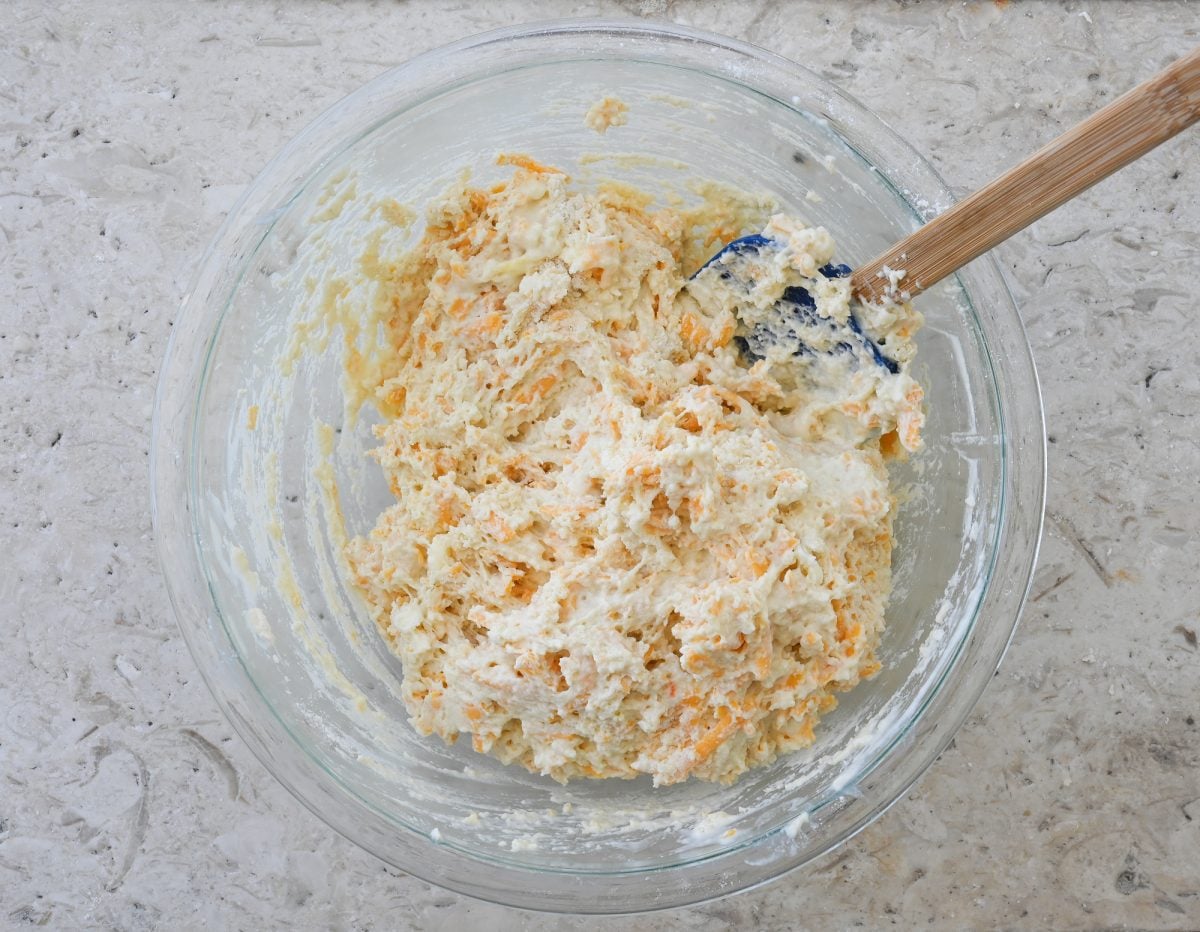 mixed soda bread batter in bowl