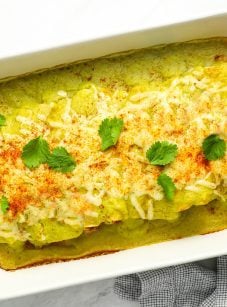 chicken enchiladas in baking dish.