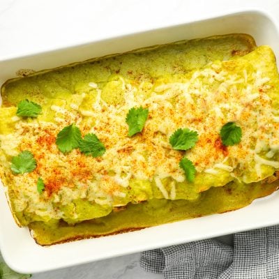chicken enchiladas in baking dish.