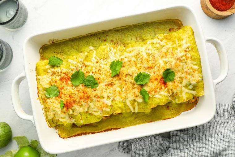 chicken enchiladas in baking dish.