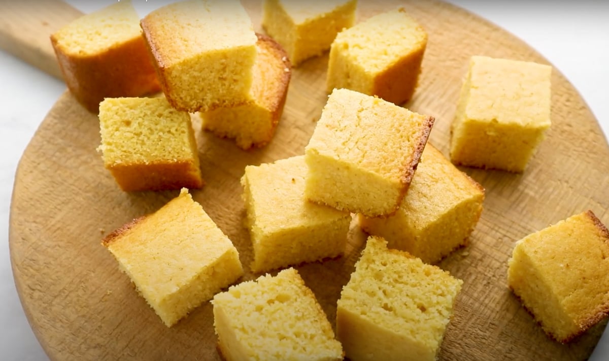 cornbread pieces on wooden board