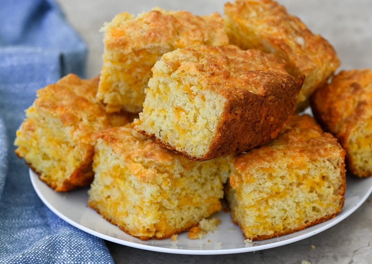 slices of irish cheddar soda bread on a plate.