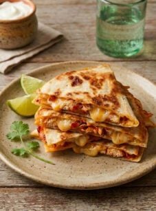 chicken quesadillas stacked on plate with limes and sour cream