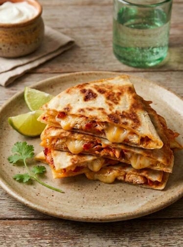 chicken quesadillas stacked on plate with limes and sour cream