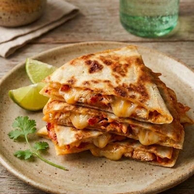 chicken quesadillas stacked on plate with limes and sour cream