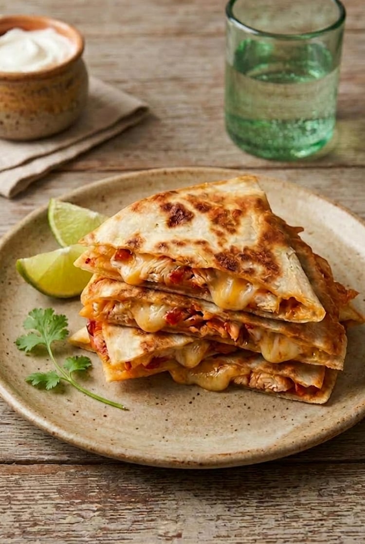 chicken quesadillas stacked on plate with limes and sour cream