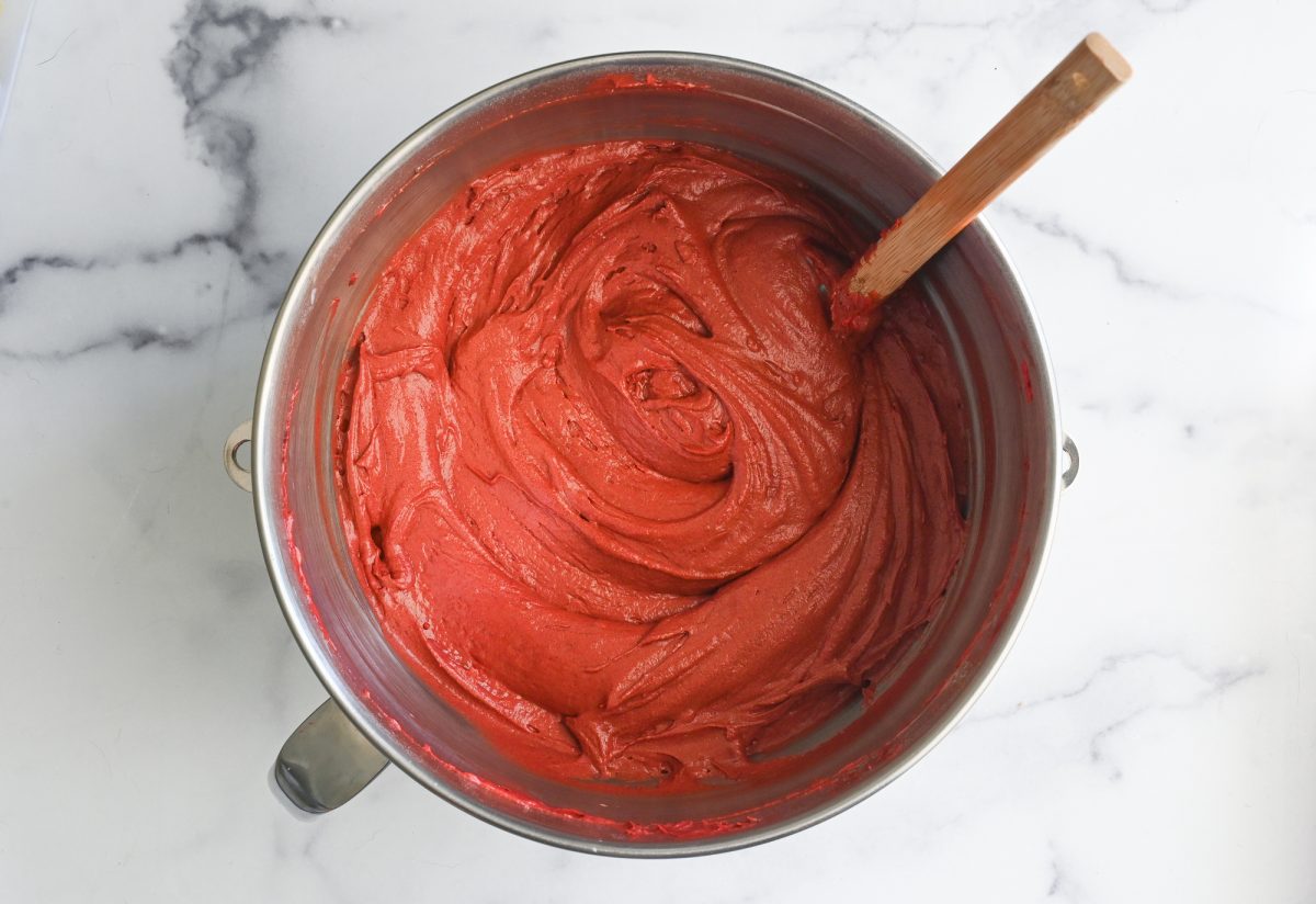 finished red velvet cupcake batter in bowl.