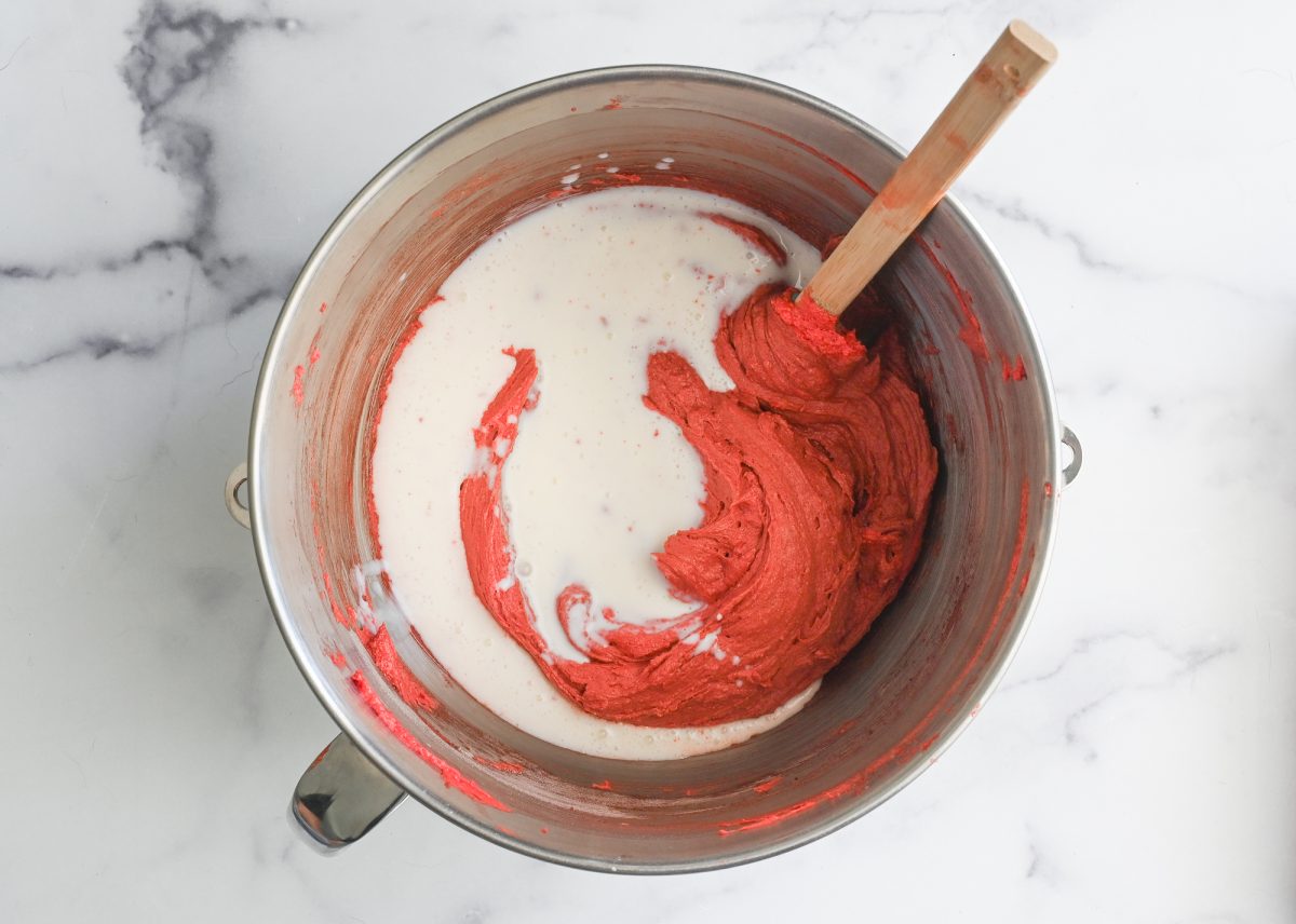 adding buttermilk to batter.