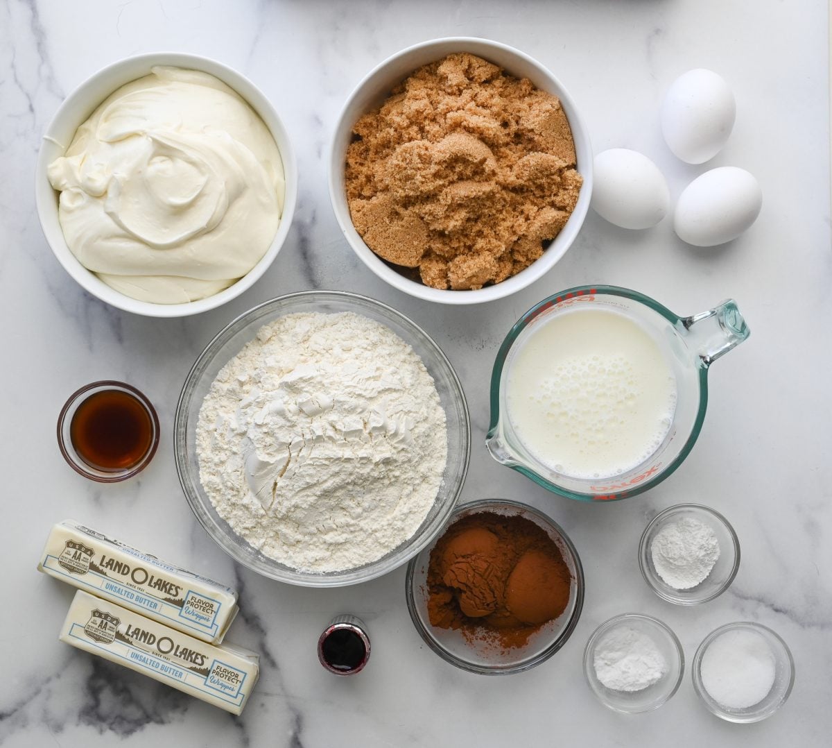 ingredients to make red velvet cupcakes.