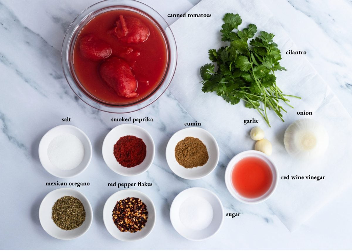 Salsa ingredients including smoked paprika, garlic, and Mexican oregano.