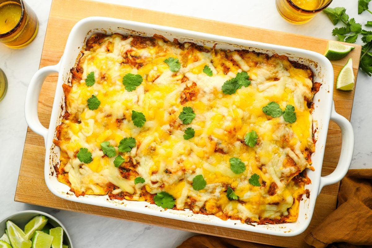 baked stacked enchiladas fresh out of the oven.