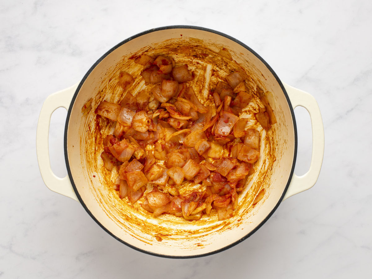 onions, garlic, and tomato paste mixed together