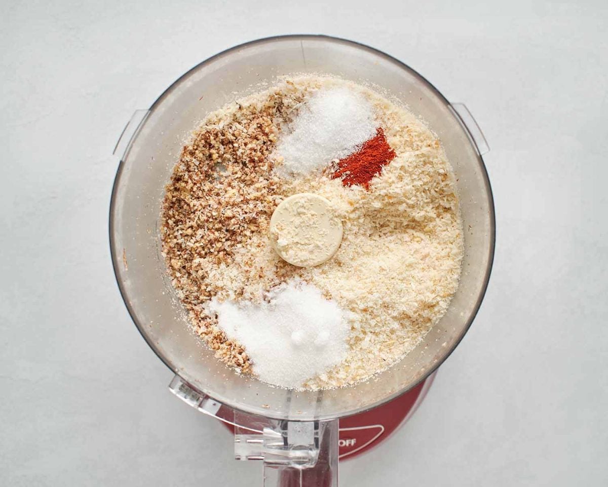 additional breading ingredients added to the chopped pecans in food processor.