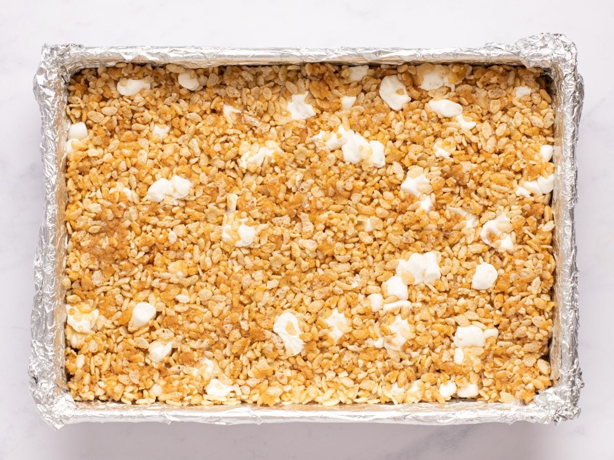 peanut butter rice krispies treats in pan