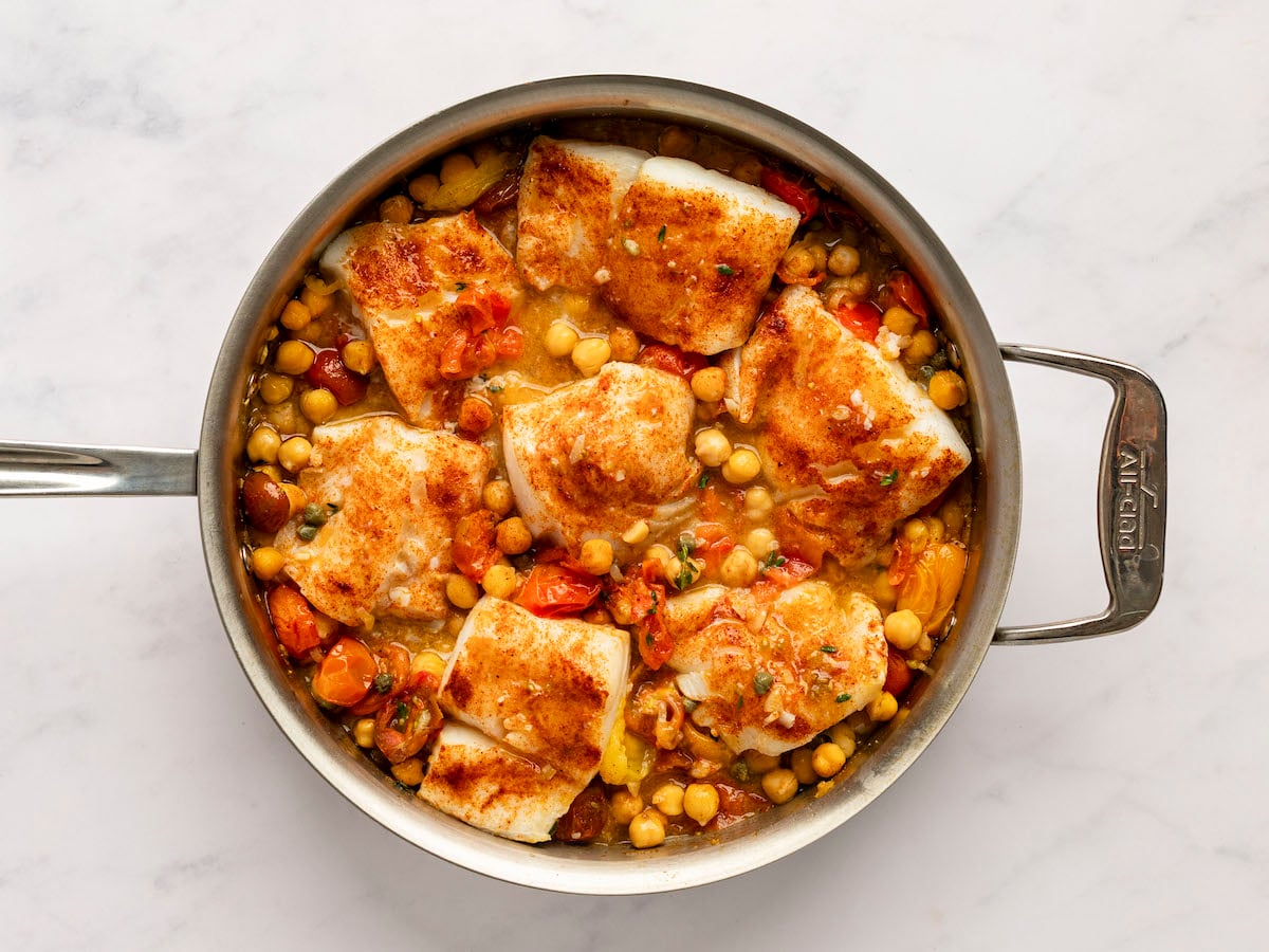 fully cooked cod and tomato chickpea mixture 