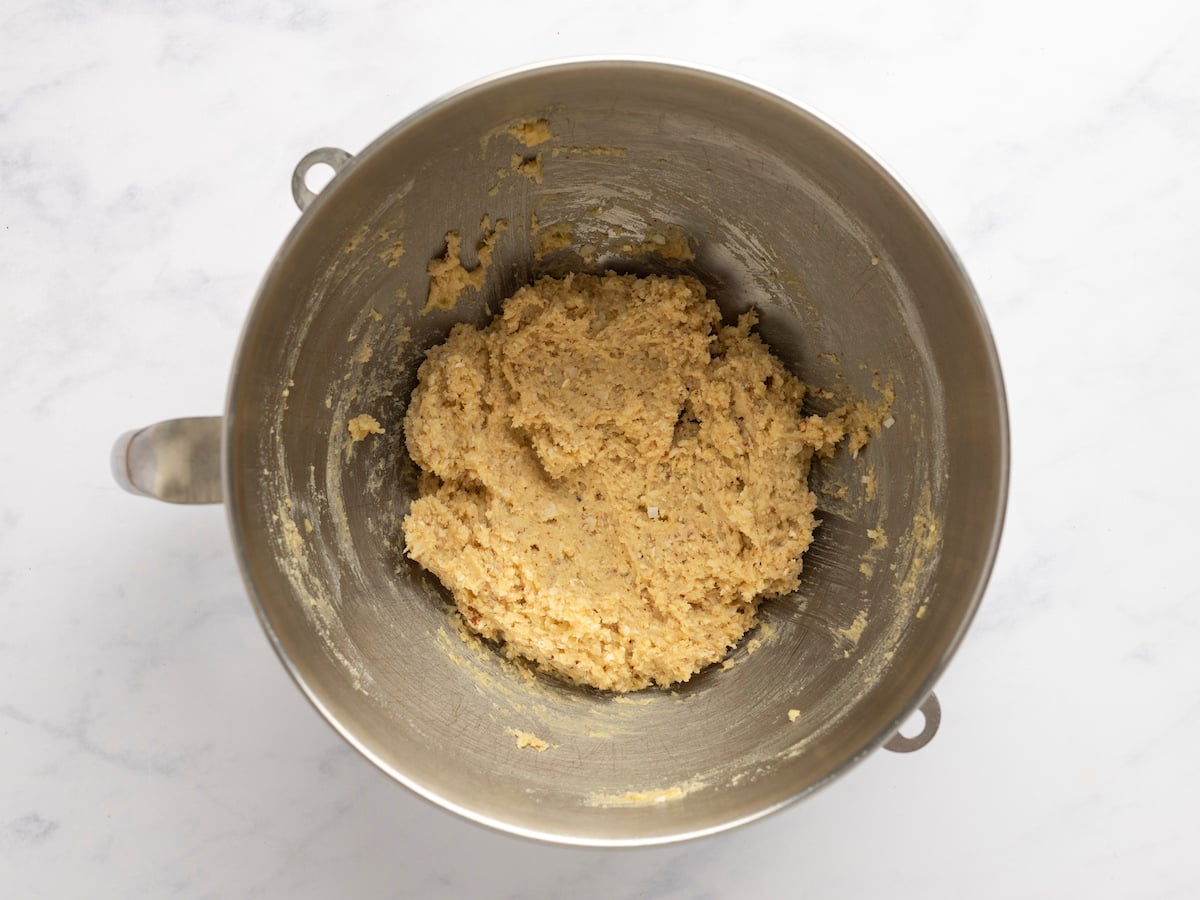 blended dough in bowl.