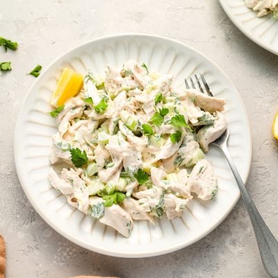Chicken salad on a plate with fork.