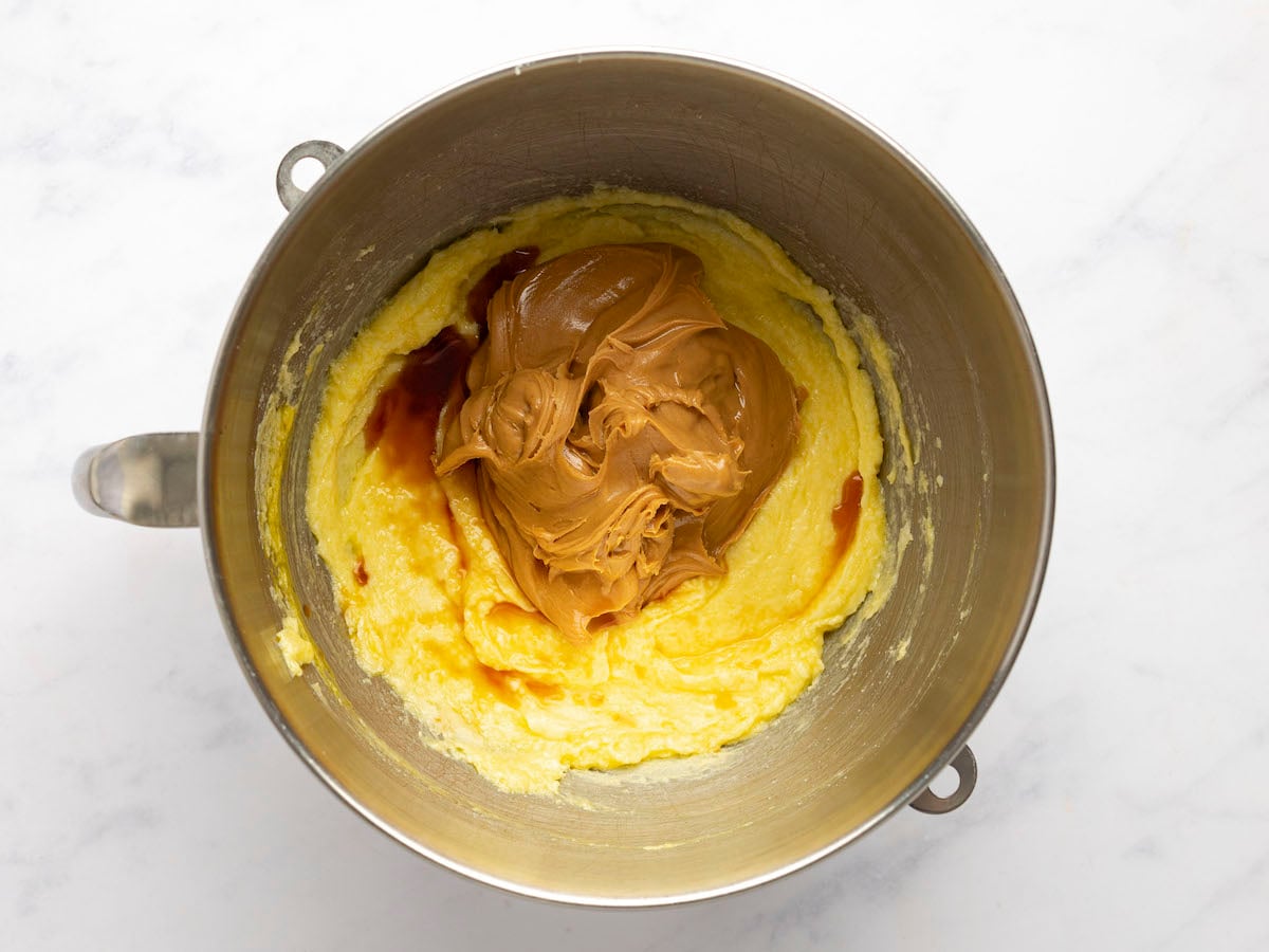 mixing bowl with peanut butter and vanilla added to butter/sugar/egg mixture
