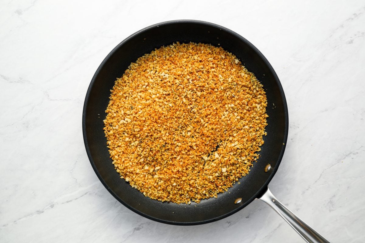 golden brown panko topping in skillet