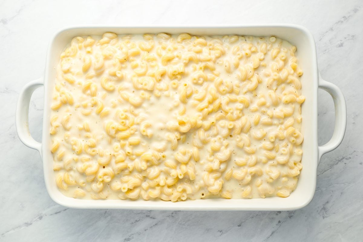 noodles and sauce in baking dish