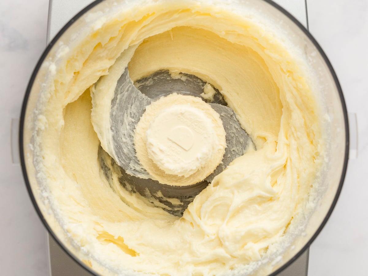 cream cheese and sugar mixed in food processor