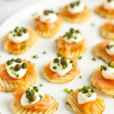 smoked salmon crisps on a platter