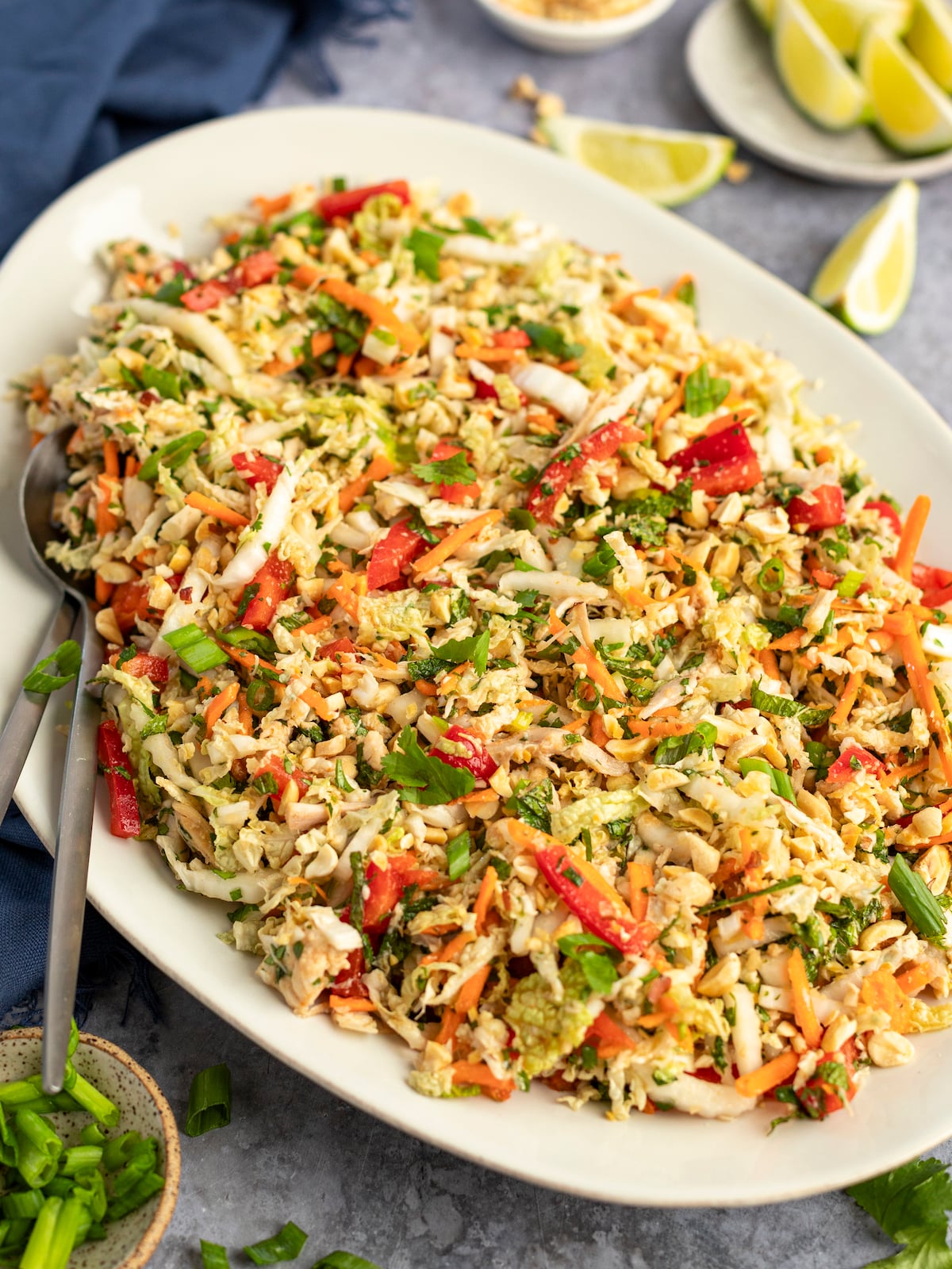 Vietnamese Shredded Chicken Salad on Platter with Lime Wedges and Scallions