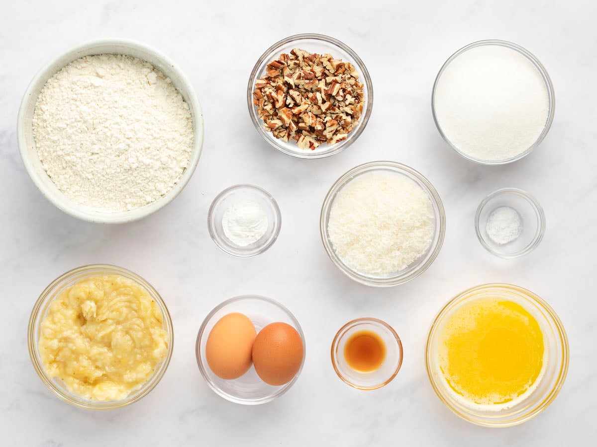 ingredients for banana bread with coconut and pecans
