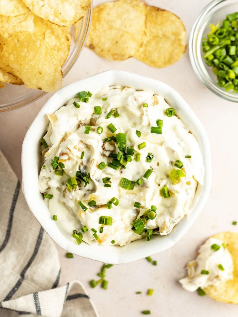 french onion dip with potato chips